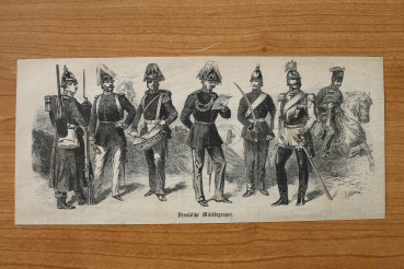 Holzstich Preußische Militärgruppe 1866 Prteussen Soldaten Garde Husar Einheiten